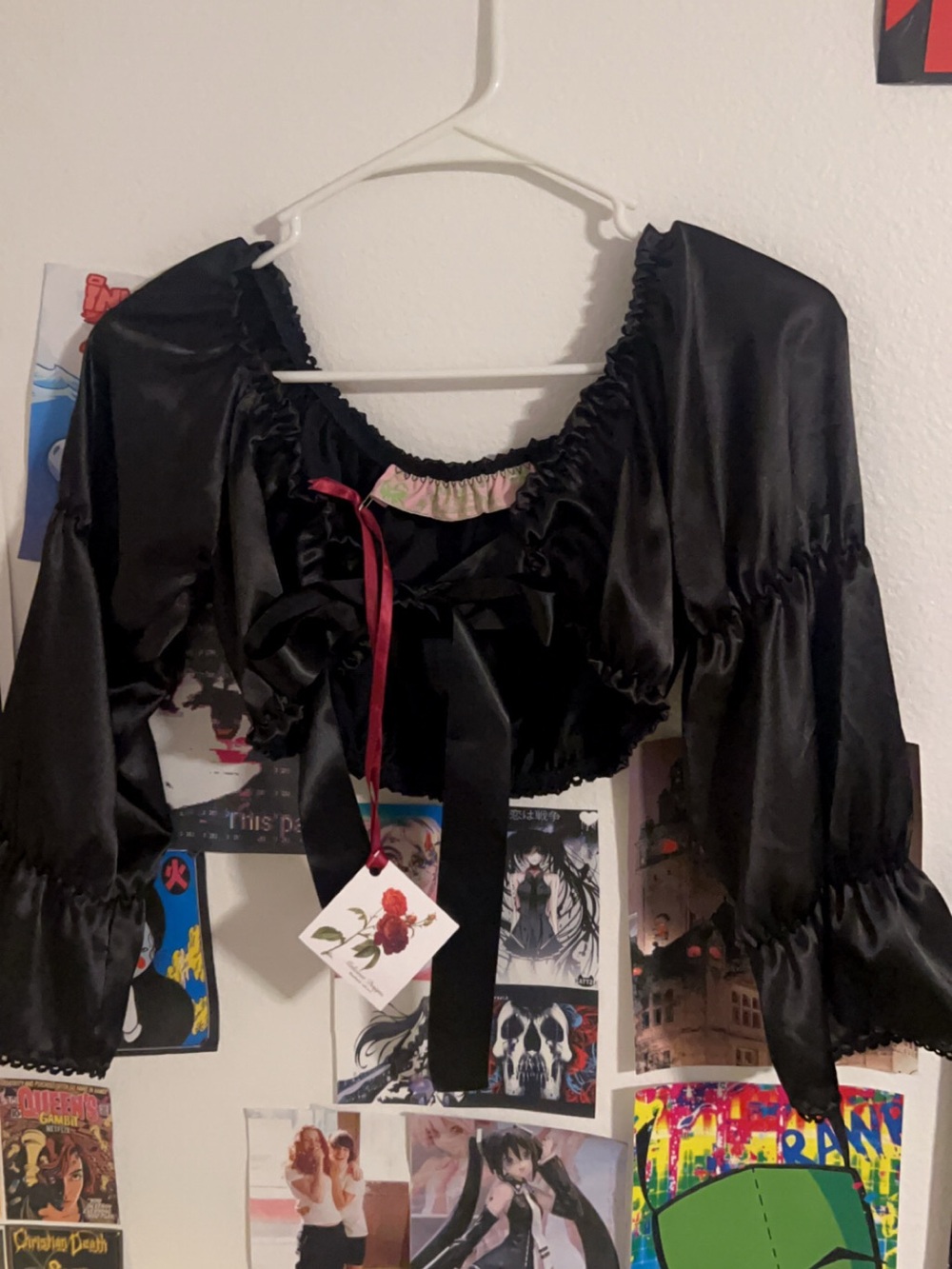Black Satin Peasant Crop Top with Ribbon Tie